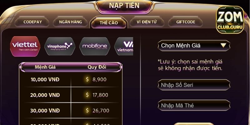 Hướng dẫn phương pháp nạp tiền Zomclub